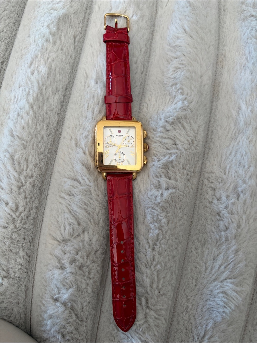 Michele Gold-Tone Square Deco Sport Watch with Glossy Red Strap
